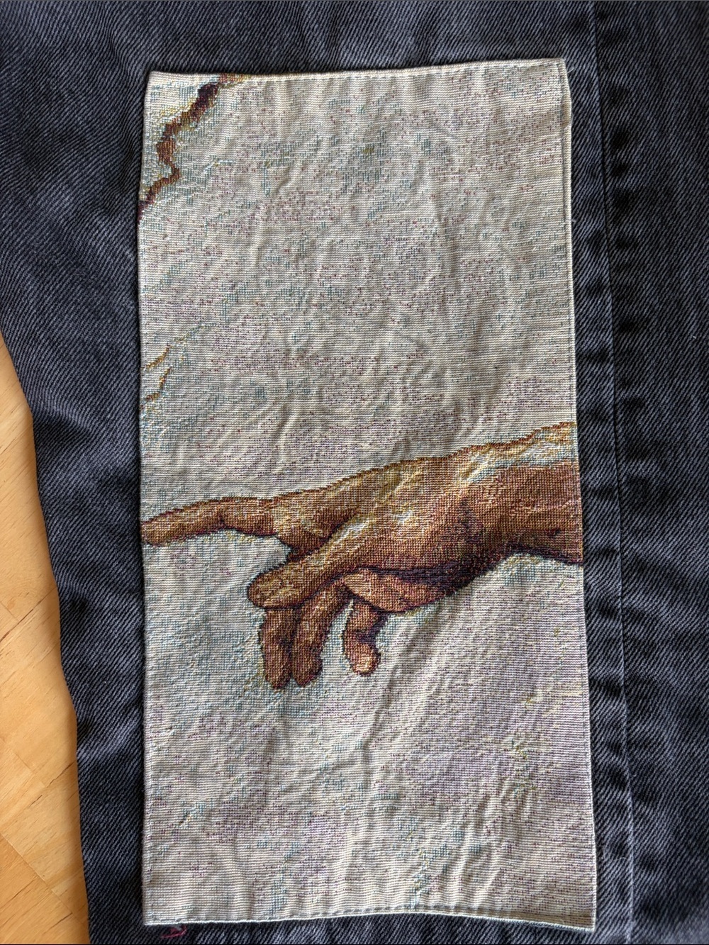 Levi's Black Distressed Jeans w/ Creation of Adam Knee Patch Art | 34x28 - Picture 6 of 11